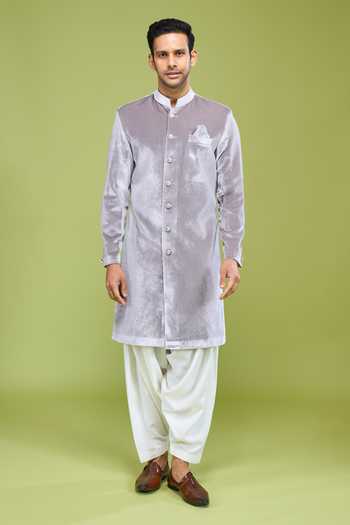 Shop Arihant Rai Sinha Grey Velvet Sherwani And Patiala Pant Set Online at Aza Fashions Shop_Arihant Rai Sinha_Grey Velvet Sherwani And Patiala Pant Set _Online_at_Aza_Fashions