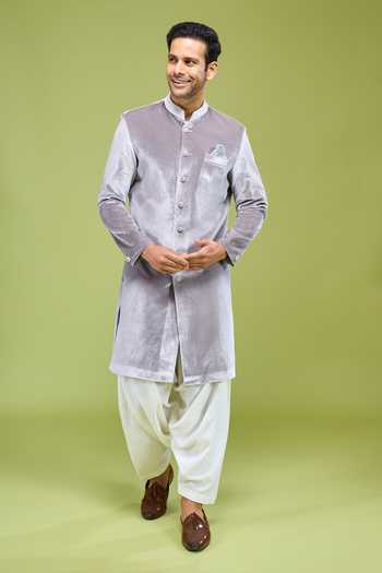 Arihant Rai Sinha Grey Velvet Sherwani & Patiala Pant Set 