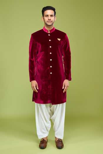 Arihant Rai Sinha Wine Velvet Sherwani Jacket And Patiala Pant Set Online at Aza Fashions Arihant Rai Sinha_Wine Velvet Sherwani Jacket And Patiala Pant Set _Online_at_Aza_Fashions