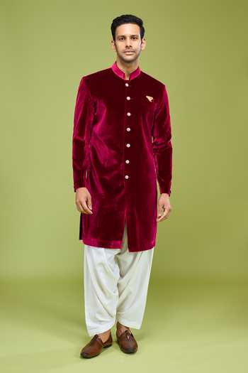 Buy Arihant Rai Sinha Wine Velvet Sherwani Jacket And Patiala Pant Set Online at Aza Fashions Buy_Arihant Rai Sinha_Wine Velvet Sherwani Jacket And Patiala Pant Set _Online_at_Aza_Fashions