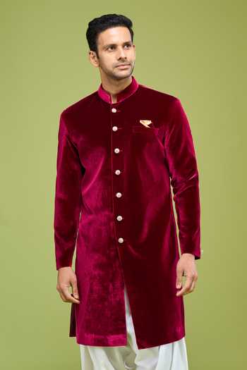 Shop Arihant Rai Sinha Wine Velvet Sherwani Jacket And Patiala Pant Set Online at Aza Fashions Shop_Arihant Rai Sinha_Wine Velvet Sherwani Jacket And Patiala Pant Set _Online_at_Aza_Fashions