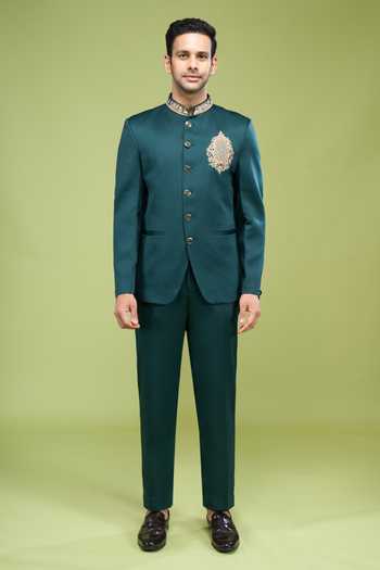 Arihant Rai Sinha_Green Rayon Embroidery Hand Bandhgala And Pant Set _Online_at_Aza_Fashions