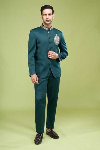 Buy_Arihant Rai Sinha_Green Rayon Embroidery Hand Bandhgala And Pant Set _Online_at_Aza_Fashions