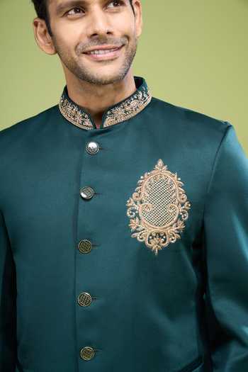 Arihant Rai Sinha_Green Rayon Embroidery Hand Bandhgala And Pant Set _at_Aza_Fashions