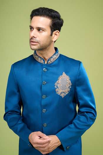 Arihant Rai Sinha Blue Rayon, Terrycloth Zari Placement Embroidered Bandhgala And Pant Set Online at Aza Fashions Arihant Rai Sinha_Blue Rayon, Terrycloth Zari Placement Embroidered Bandhgala And Pant Set _Online_at_Aza_Fashions