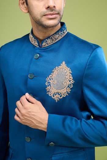 Shop Arihant Rai Sinha Blue Rayon, Terrycloth Zari Placement Embroidered Bandhgala And Pant Set Online at Aza Fashions Shop_Arihant Rai Sinha_Blue Rayon, Terrycloth Zari Placement Embroidered Bandhgala And Pant Set _Online_at_Aza_Fashions