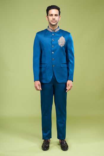 Arihant Rai Sinha Blue Rayon, Terrycloth Zari Placement Embroidered Bandhgala And Pant Set at Aza Fashions Arihant Rai Sinha_Blue Rayon, Terrycloth Zari Placement Embroidered Bandhgala And Pant Set _at_Aza_Fashions