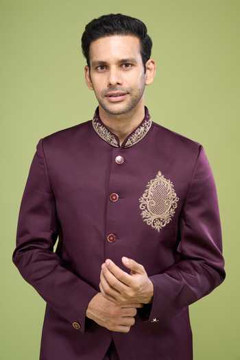 Arihant Rai Sinha_Wine Rayon Embroidery Hand Bandhgala And Pant Set _Online_at_Aza_Fashions