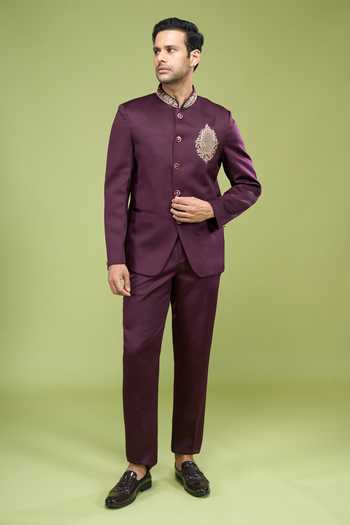 Buy_Arihant Rai Sinha_Wine Rayon Embroidery Hand Bandhgala And Pant Set _Online_at_Aza_Fashions