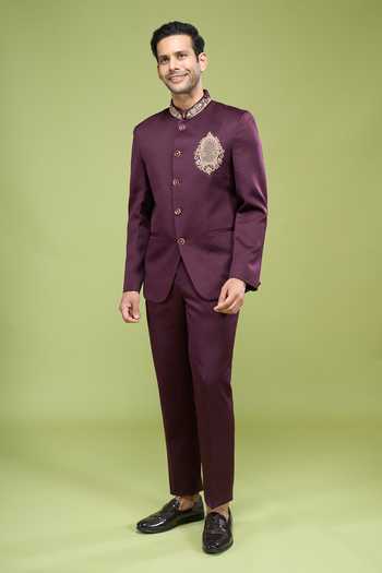 Shop_Arihant Rai Sinha_Wine Rayon Embroidery Hand Bandhgala And Pant Set _Online_at_Aza_Fashions