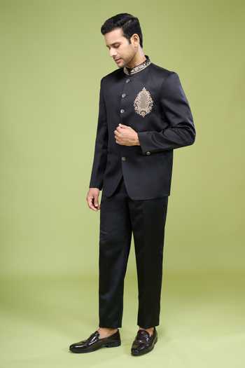 Buy_Arihant Rai Sinha_Black Rayon, Terrycloth Embroidery Hand Bandhgala Set _Online_at_Aza_Fashions