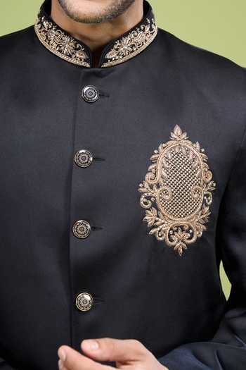 Arihant Rai Sinha_Black Rayon, Terrycloth Embroidery Hand Bandhgala Set _at_Aza_Fashions