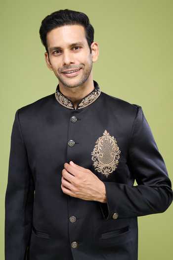 Buy_Arihant Rai Sinha_Black Rayon, Terrycloth Embroidery Hand Bandhgala Set 
