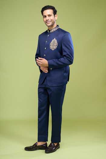 Arihant Rai Sinha_Navy Rayon Embroidery Hand Bandhgala And Pant Set _Online_at_Aza_Fashions
