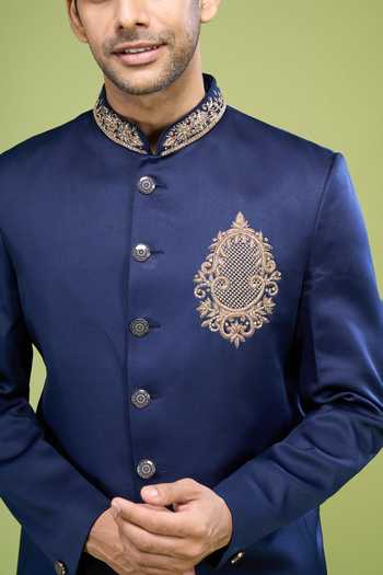 Buy_Arihant Rai Sinha_Navy Rayon Embroidery Hand Bandhgala And Pant Set _Online_at_Aza_Fashions