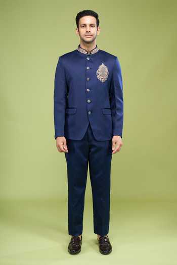 Shop_Arihant Rai Sinha_Navy Rayon Embroidery Hand Bandhgala And Pant Set _Online_at_Aza_Fashions