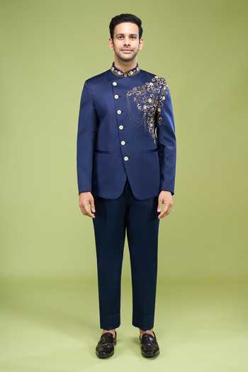 Arihant Rai Sinha_Gold Rayon Embroidery, Zari Hand Bandhgala And Pant Set _Online_at_Aza_Fashions