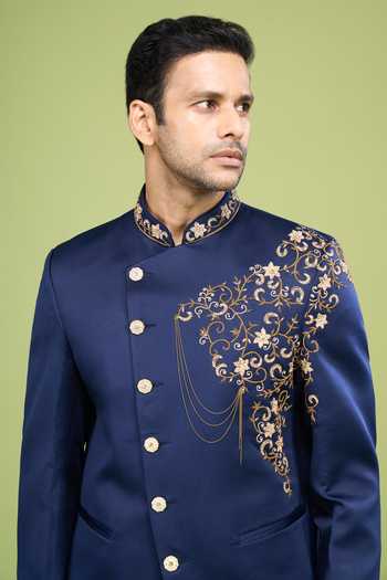 Shop_Arihant Rai Sinha_Gold Rayon Embroidery, Zari Hand Bandhgala And Pant Set _Online_at_Aza_Fashions