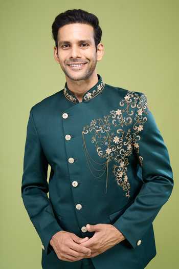 Buy_Arihant Rai Sinha_Emerald Green Rayon, Terrycloth Zari, Hand Embroidered Bandhgala And Pant Set _Online_at_Aza_Fashions