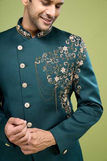 Shop_Arihant Rai Sinha_Emerald Green Rayon, Terrycloth Zari, Hand Embroidered Bandhgala And Pant Set _Online_at_Aza_Fashions