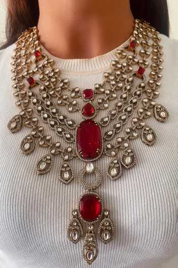 Shop PRERTO Red Maharani Sultanate Choker And Necklace Set Online at Aza Fashions Shop_PRERTO_Red Maharani Sultanate Choker And Necklace Set _Online_at_Aza_Fashions