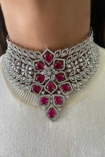 Shop PRERTO Red Maharani Choker And Necklace Set Online at Aza Fashions Shop_PRERTO_Red Maharani Choker And Necklace Set _Online_at_Aza_Fashions
