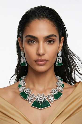 Shop PRERTO Emerald Green Haniya Floral Necklace Set at Aza Fashions Shop_PRERTO_Emerald Green Haniya Floral Necklace Set _at_Aza_Fashions