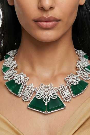 PRERTO Emerald Green Haniya Floral Necklace Set Online at Aza Fashions PRERTO_Emerald Green Haniya Floral Necklace Set _Online_at_Aza_Fashions