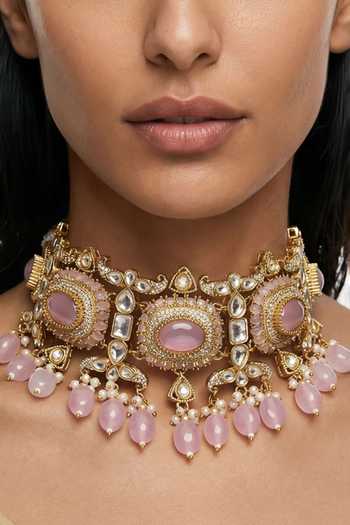 Buy PRERTO Pink Kloe Moissanite Polki Kundan Necklace Set Online at Aza Fashions Buy_PRERTO_Pink Kloe Moissanite Polki Kundan Necklace Set _Online_at_Aza_Fashions