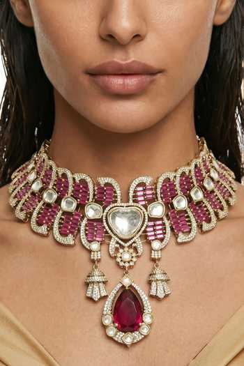 PRERTO Red Abeer Baguette And Moissanite Necklace Set Online at Aza Fashions PRERTO_Red Abeer Baguette And Moissanite Necklace Set _Online_at_Aza_Fashions