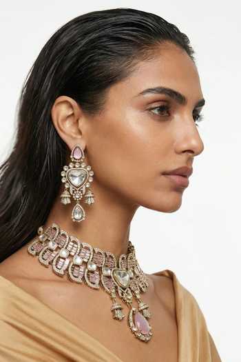 Shop PRERTO Gold Plated Abeer Baguette And Moissanite Necklace Set at Aza Fashions Shop_PRERTO_Gold Plated Abeer Baguette And Moissanite Necklace Set _at_Aza_Fashions