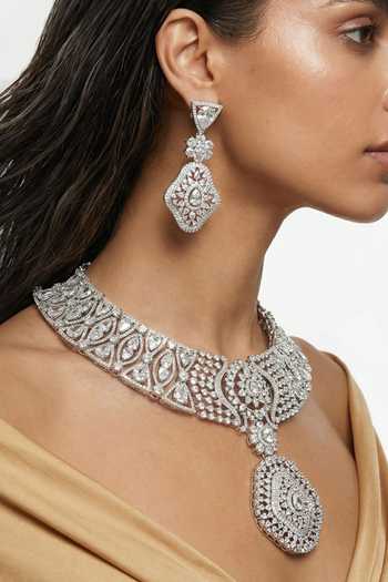 Shop PRERTO White Momike Statement Necklace Set at Aza Fashions Shop_PRERTO_White Momike Statement Necklace Set _at_Aza_Fashions