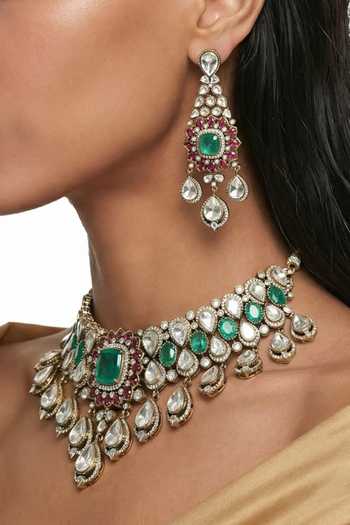 Prerto Gold Plated Qamar Moissanite Polki Kundan Necklace Set Online at Aza Fashions Prerto_Gold Plated Qamar Moissanite Polki Kundan Necklace Set _Online_at_Aza_Fashions