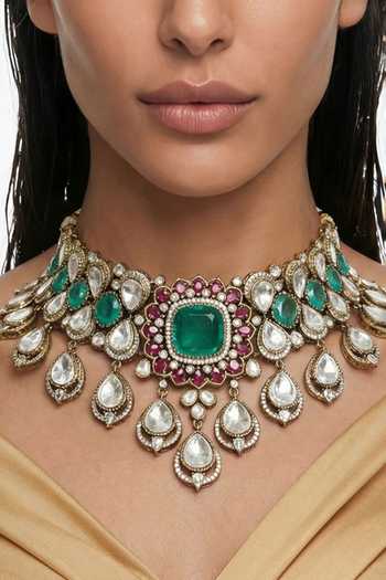 Buy Prerto Gold Plated Qamar Moissanite Polki Kundan Necklace Set Online at Aza Fashions Buy_Prerto_Gold Plated Qamar Moissanite Polki Kundan Necklace Set _Online_at_Aza_Fashions
