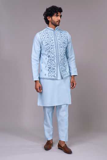 Shop Aariyana Couture Blue Silk, Cotton Embroidery Bundi And Kurta Set Online at Aza Fashions Shop_Aariyana Couture_Blue Silk, Cotton Embroidery Bundi And Kurta Set _Online_at_Aza_Fashions