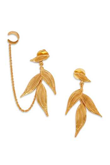 Shop Dhwani Bansal Jewellery Gold Plated Isaro Textured Leaf Motif Earrings at Aza Fashions Shop_Dhwani Bansal Jewellery_Gold Plated Isaro Textured Leaf Motif Earrings _at_Aza_Fashions