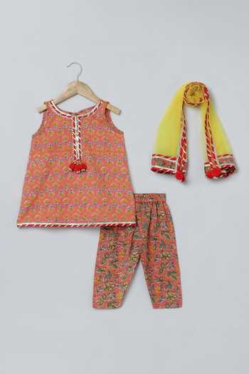 Shop_Byb Premium_Orange Cotton, Chiffon Tassels, Gota Patti, Floral Print Kurta Pyjama Set _Online_at_Aza_Fashions