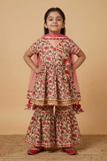 Byb Premium Multi Color Cotton, Chiffon Tassels, Gota Floral Print Anarkali Sharara Set Online at Aza Fashions Byb Premium_Multi Color Cotton, Chiffon Tassels, Gota Floral Print Anarkali Sharara Set _Online_at_Aza_Fashions