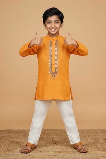 Shop Byb Premium Orange Linen, Cotton Lace, Sequins Zardosi Embroidered Kurta With Pyjama at Aza Fashions Shop_Byb Premium_Orange Linen, Cotton Lace, Sequins Zardosi Embroidered Kurta With Pyjama _at_Aza_Fashions