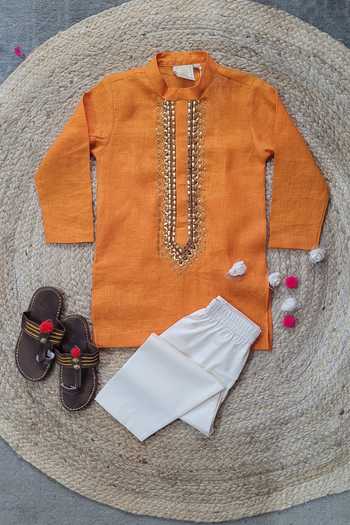 Buy Byb Premium Orange Linen, Cotton Lace, Sequins Zardosi Embroidered Kurta With Pyjama Online at Aza Fashions Buy_Byb Premium_Orange Linen, Cotton Lace, Sequins Zardosi Embroidered Kurta With Pyjama _Online_at_Aza_Fashions