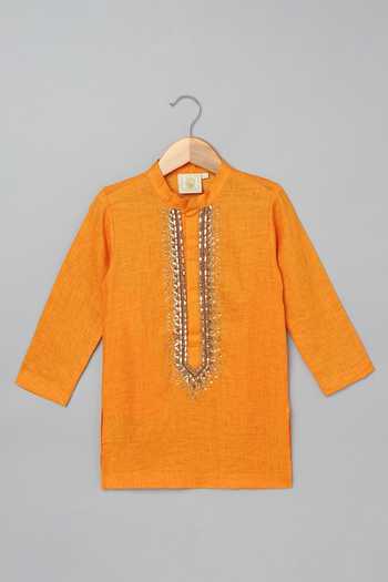 Shop Byb Premium Orange Linen, Cotton Lace, Sequins Zardosi Embroidered Kurta With Pyjama Online at Aza Fashions Shop_Byb Premium_Orange Linen, Cotton Lace, Sequins Zardosi Embroidered Kurta With Pyjama _Online_at_Aza_Fashions