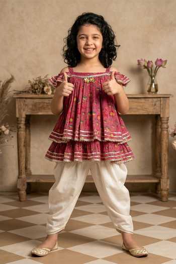 Buy_Byb Premium_Pink Cotton, Georgette Embroidery, Gota Floral Flared Kurta With Dhoti Pant _Online_at_Aza_Fashions
