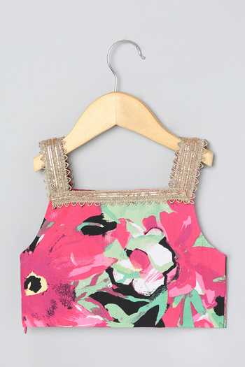 Shop_Byb Premium_Pink Cotton, Chiffon Tassels, Lace Floral Gota Embroidered Lehenga Set _Online_at_Aza_Fashions