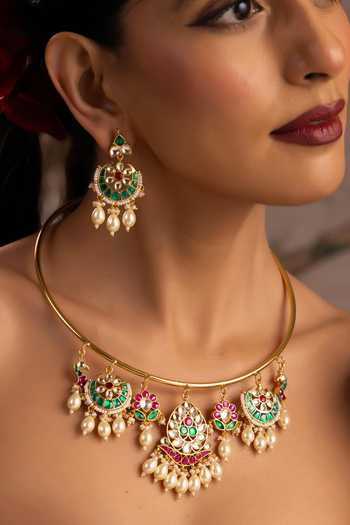 Swabhimann Multi Color Polki Jadau Hasli Necklace Set Online at Aza Fashions Swabhimann_Multi Color Polki Jadau Hasli Necklace Set _Online_at_Aza_Fashions