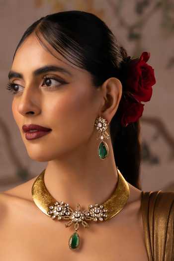 Swabhimann Emerald Polki Hasli Necklace Set 