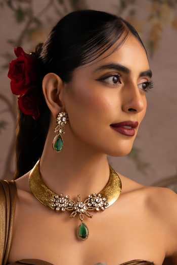 Swabhimann_Emerald Green Polki Hasli Necklace Set _Online_at_Aza_Fashions