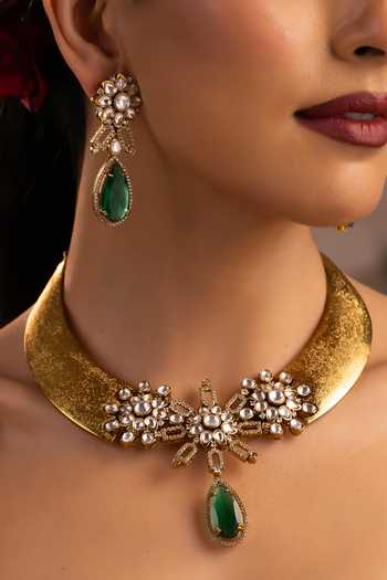 Buy_Swabhimann_Emerald Green Polki Hasli Necklace Set _Online_at_Aza_Fashions