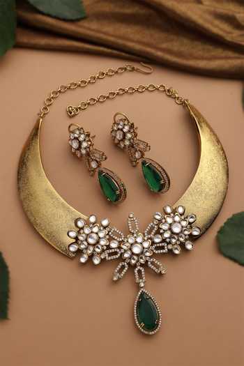 Shop_Swabhimann_Emerald Green Polki Hasli Necklace Set _Online_at_Aza_Fashions