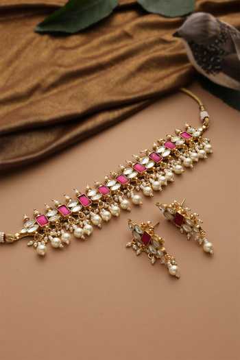 Shop_Swabhimann_Pink Polki Jadau Choker Set _Online_at_Aza_Fashions