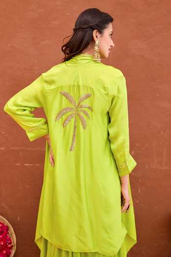 Taro Green Silk, Crepe, Satin V-, Open Meher Dress And Jacket Set Online at Aza Fashions Taro_Green Silk, Crepe, Satin V-, Open Meher Dress And Jacket Set _Online_at_Aza_Fashions